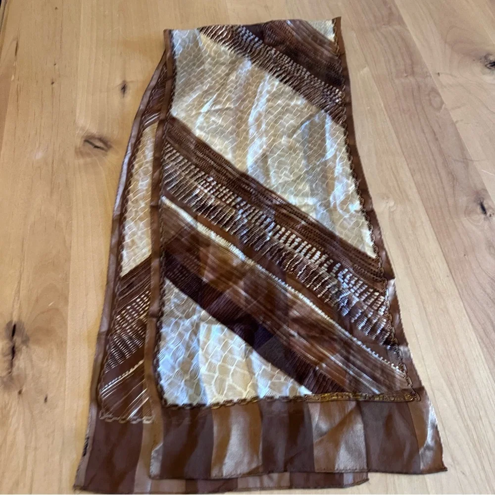Adrienne Vittadini Silk Vintage Elegant Abstract Patchwork Brown Scarf